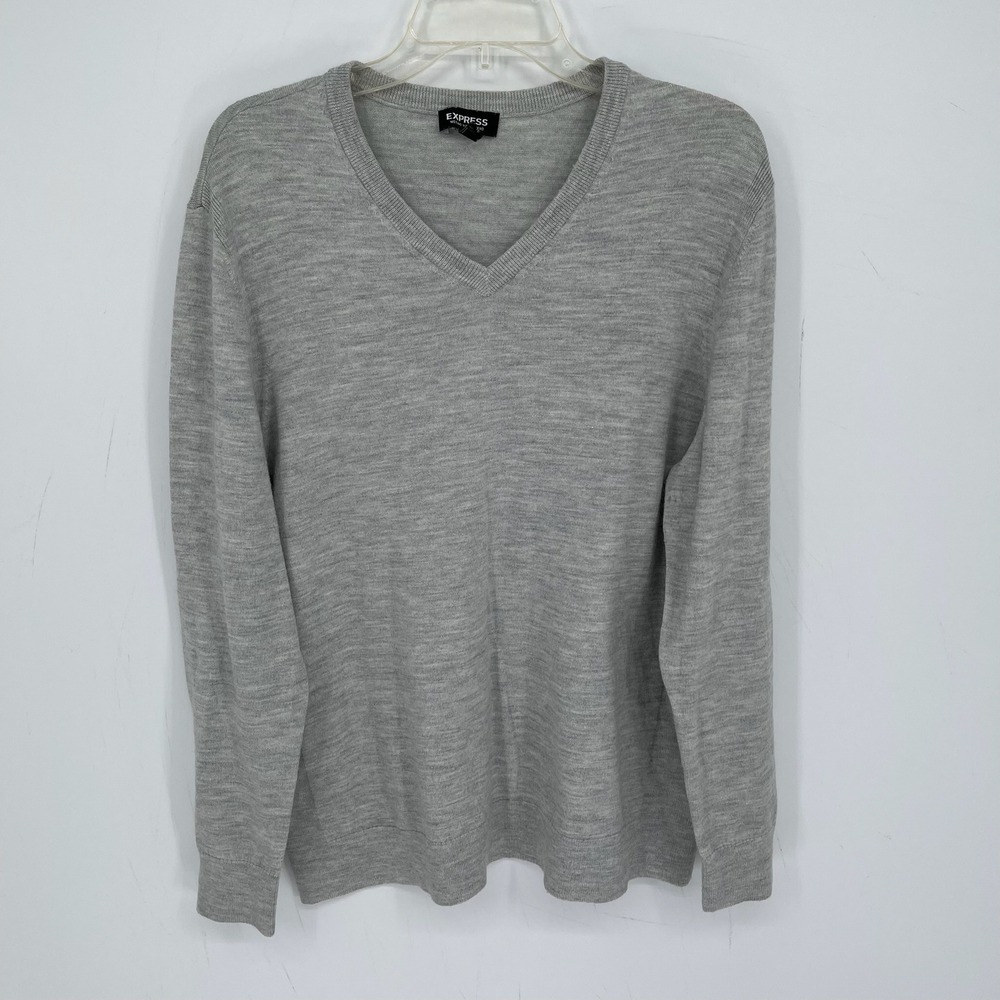 Express Men's Gray Merino Wool Blend V-Neck Long Sleeve Pullover Sweater Size XL